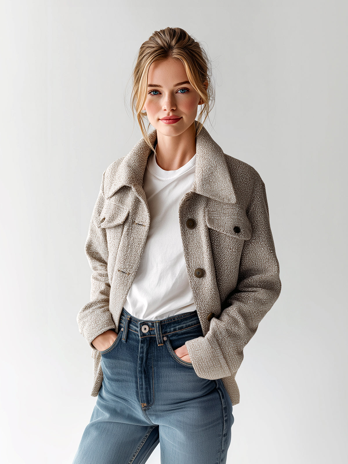 Taidalw Chic Vintage Light Brown Tweed Lapel Single-Breasted Chest Pocket Slim Fit Jacket