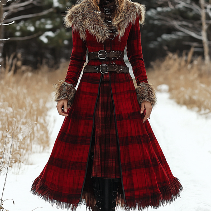 Women's Christmas Woolen Fox Fur Splicing Dress Tartan Print Double Breasted Overcoat