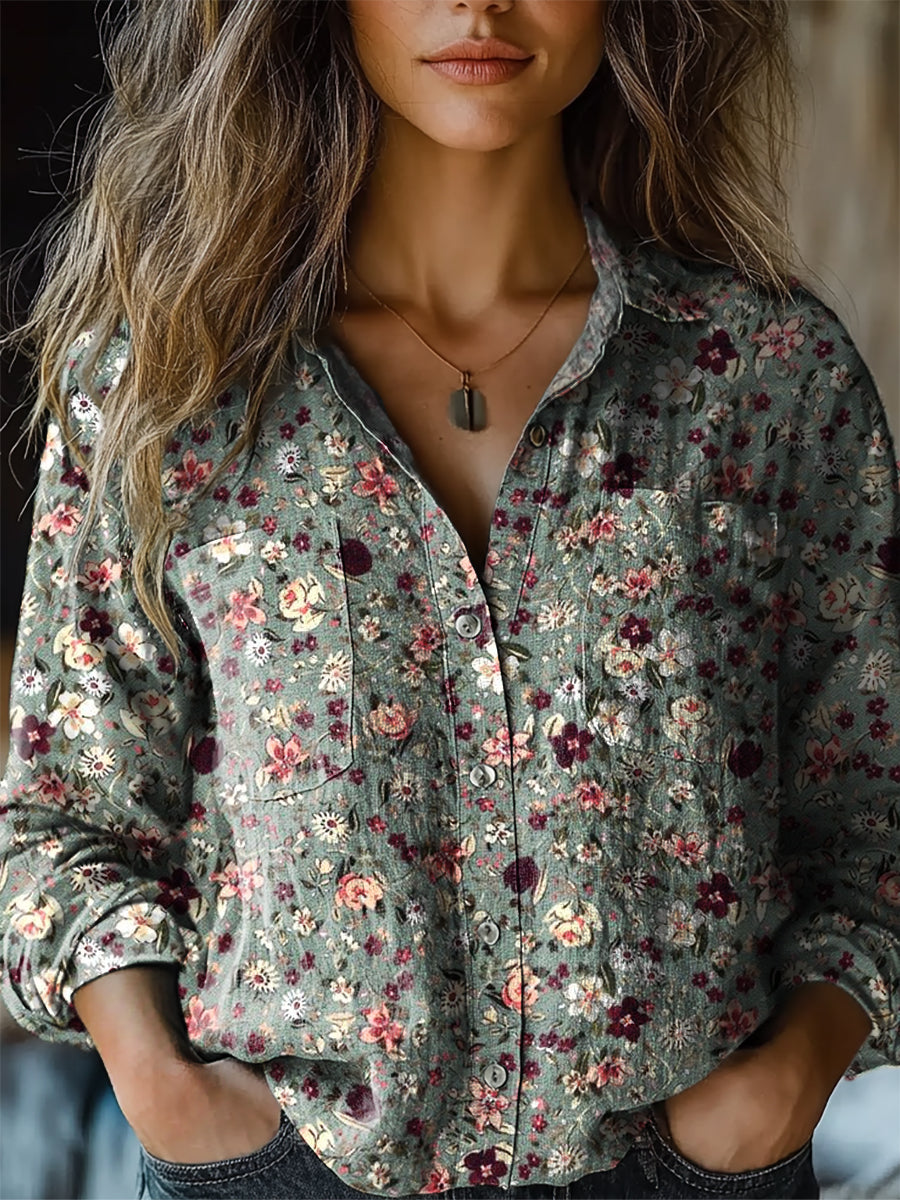 Women's Floral Art Print Long Sleeve Comfortable Cotton Shirt