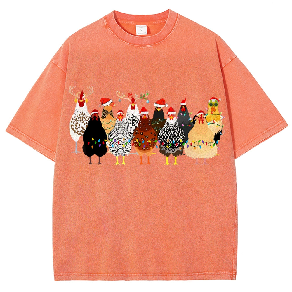Unisex Christmas Chicken Printed Washed Tee