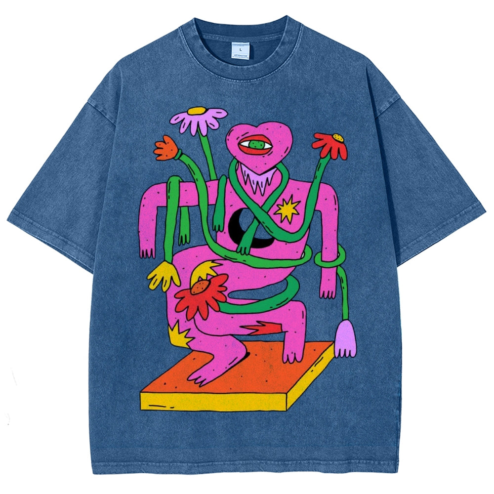 Unisex Abstract Art Flower Portrait Printed Washed Tee