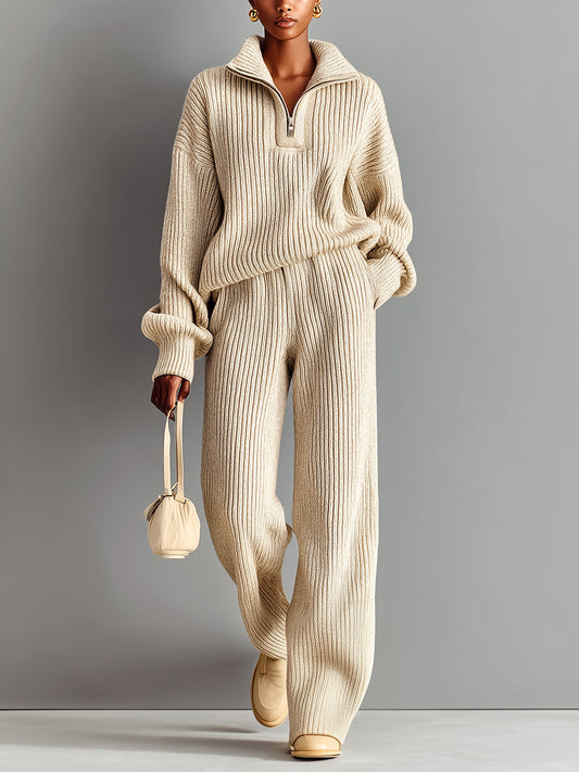 Taidalw Chic Casual Beige Half-Zip Mock Neck Long Sleeve Top Wide-Leg Pants Ribbed Knit Two-Piece Set