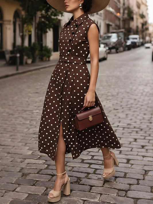 Midi Cotton Dress , Sleeveless, Shawl Collar, Polka Dots, Button Design, French Vintage, Coffee