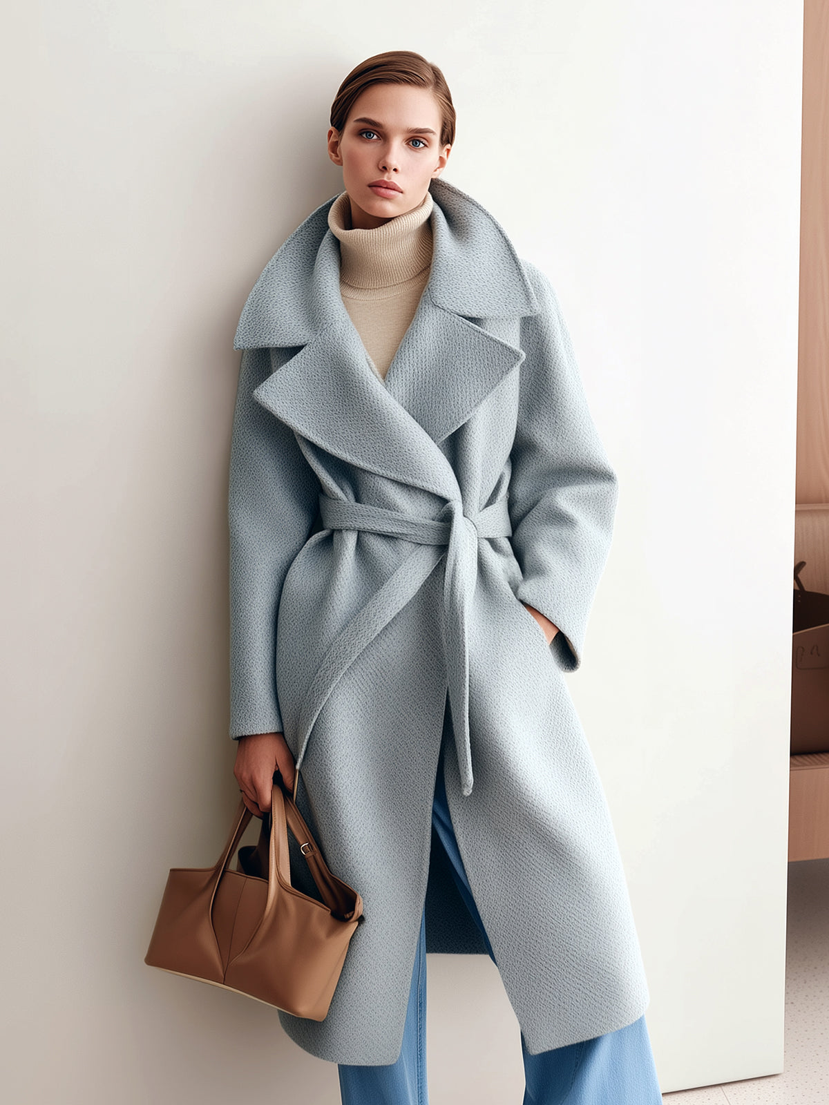 Taidalw Chic Vintage Light Blue Wool Blend Shawl Lapel Belted Warm Long Coat
