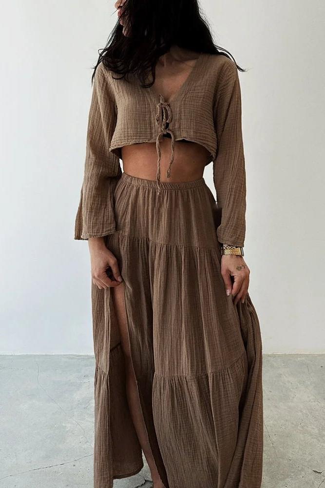 Fashionable Lace-Up Slit Cotton And Linen Two-Piece Set