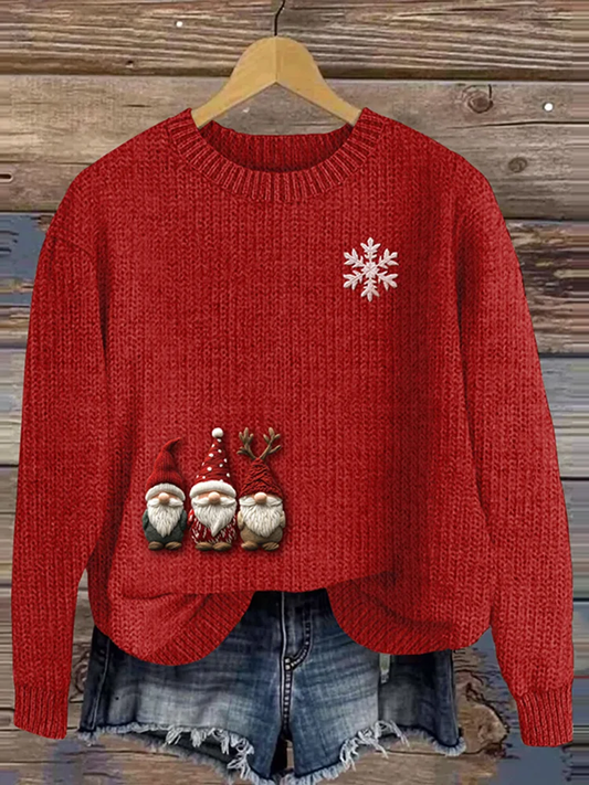 Women's Christmas Gnome Art Print Crew Neck Casual Knit Pullover