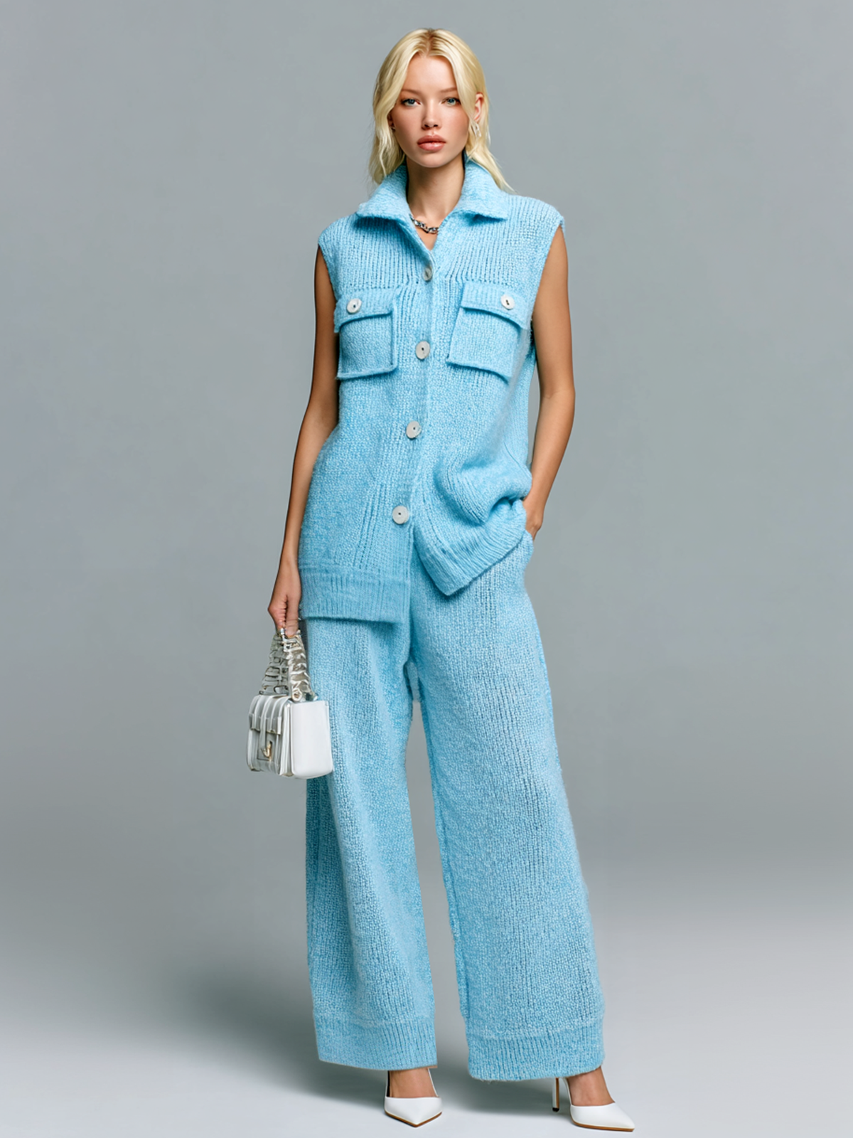 Taidalw Chic Casual Blue Lapel Pocket Button Sleeveless Loose Ribbed Vest Wide-Leg Pants Knit Two-Piece Set