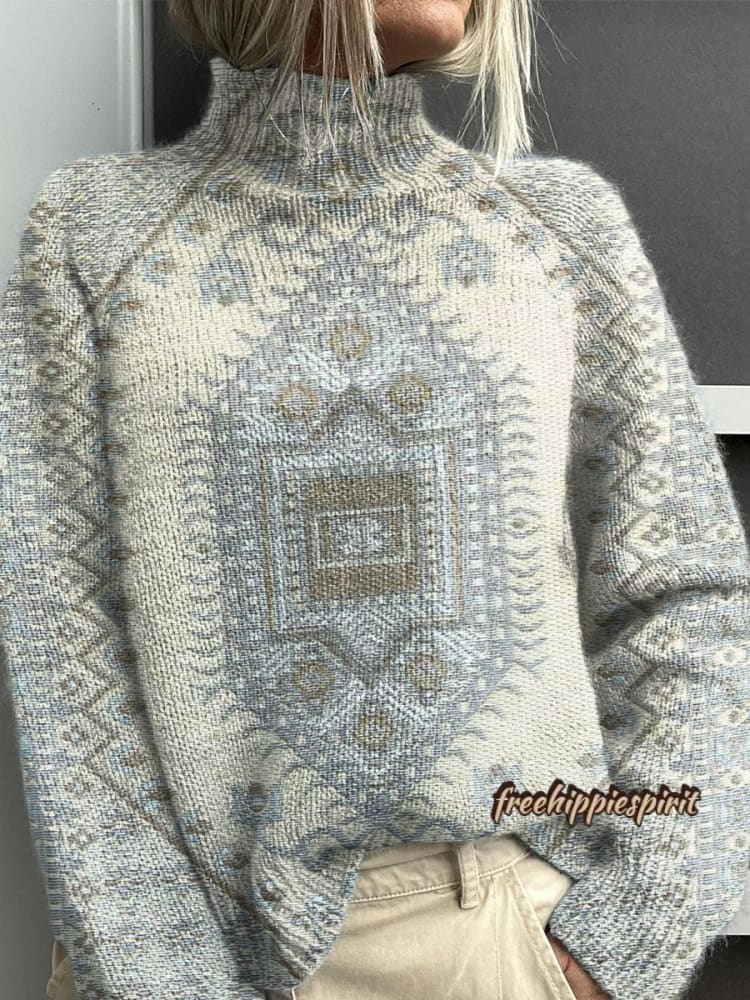 Women's Vintage Lovely Floral Art Print Knit Turtleneck Pullover Sweater