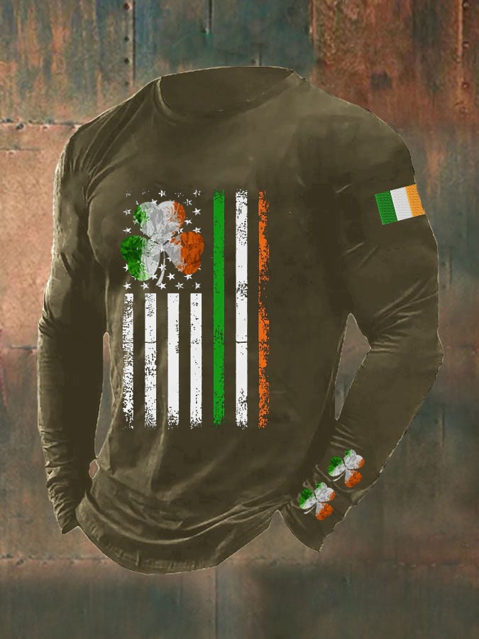 Men's St. Patrick's Day Pattern Irish Flag Casual Long Sleeve T-Shirt