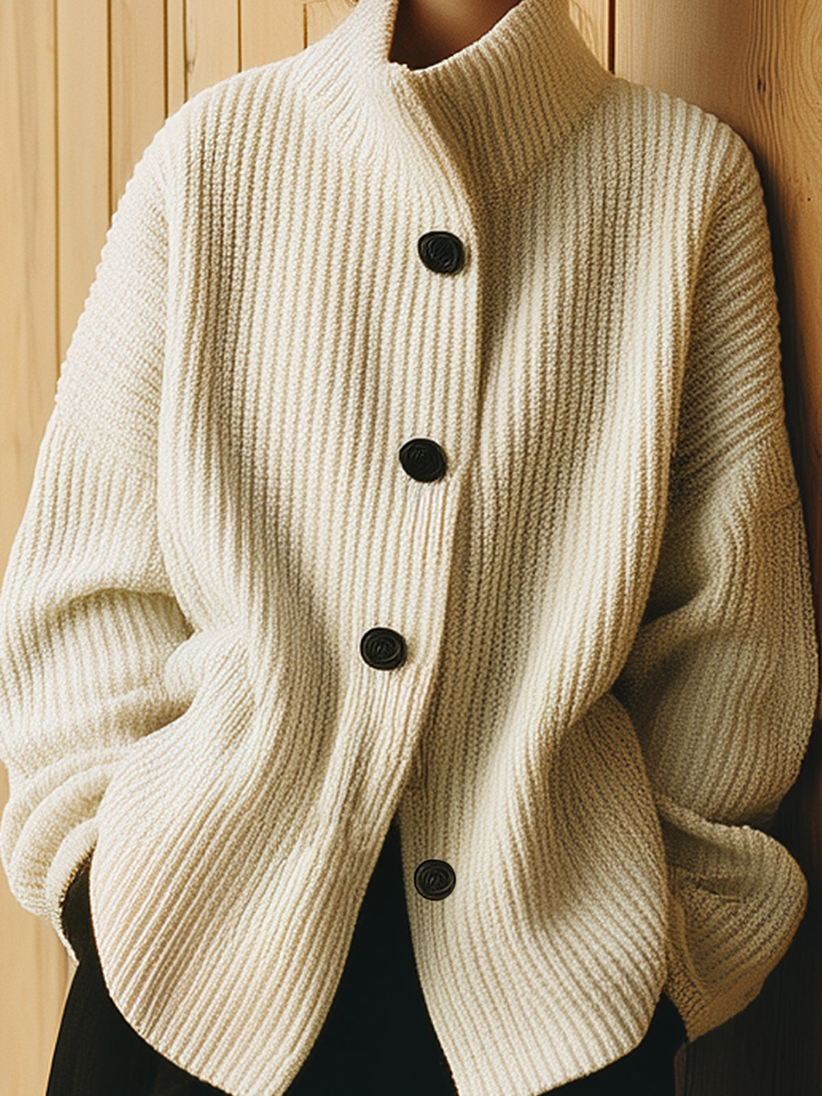 Taidalw Chic Vintage Beige Stand Collar Single-Breasted Long-Sleeve Oversized Ribbed Knit Cardigan