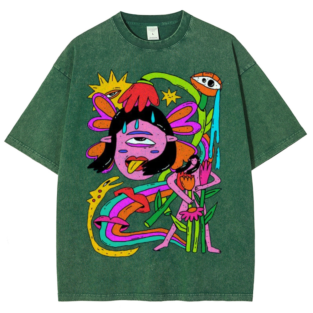 Unisex Abstract Art Human Face Eyes Printed Washed Tee