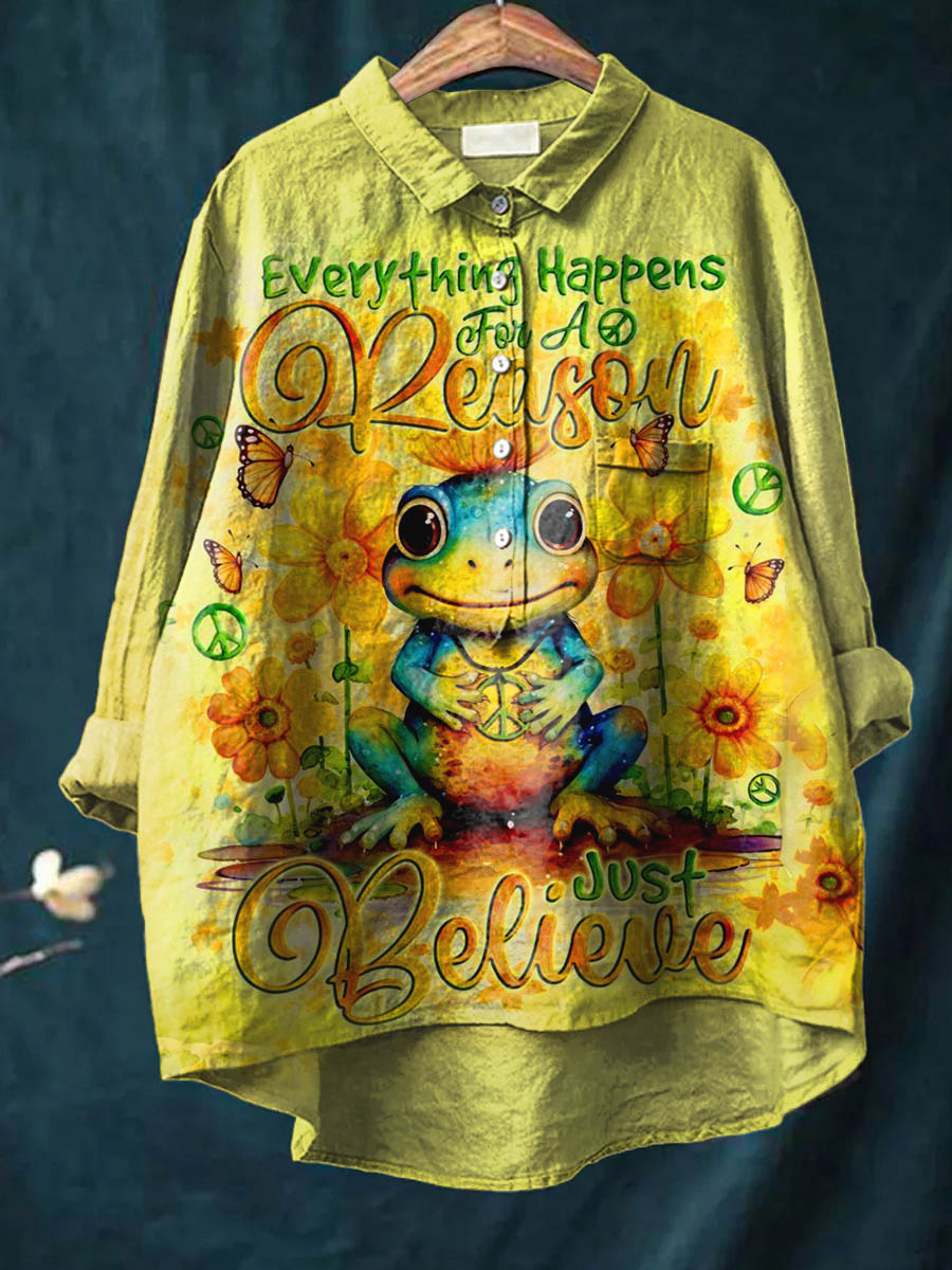 Everything Happens For A Reason Just Because Peace And Love Frog Art Pattern Print Casual Cotton And Linen Shirt