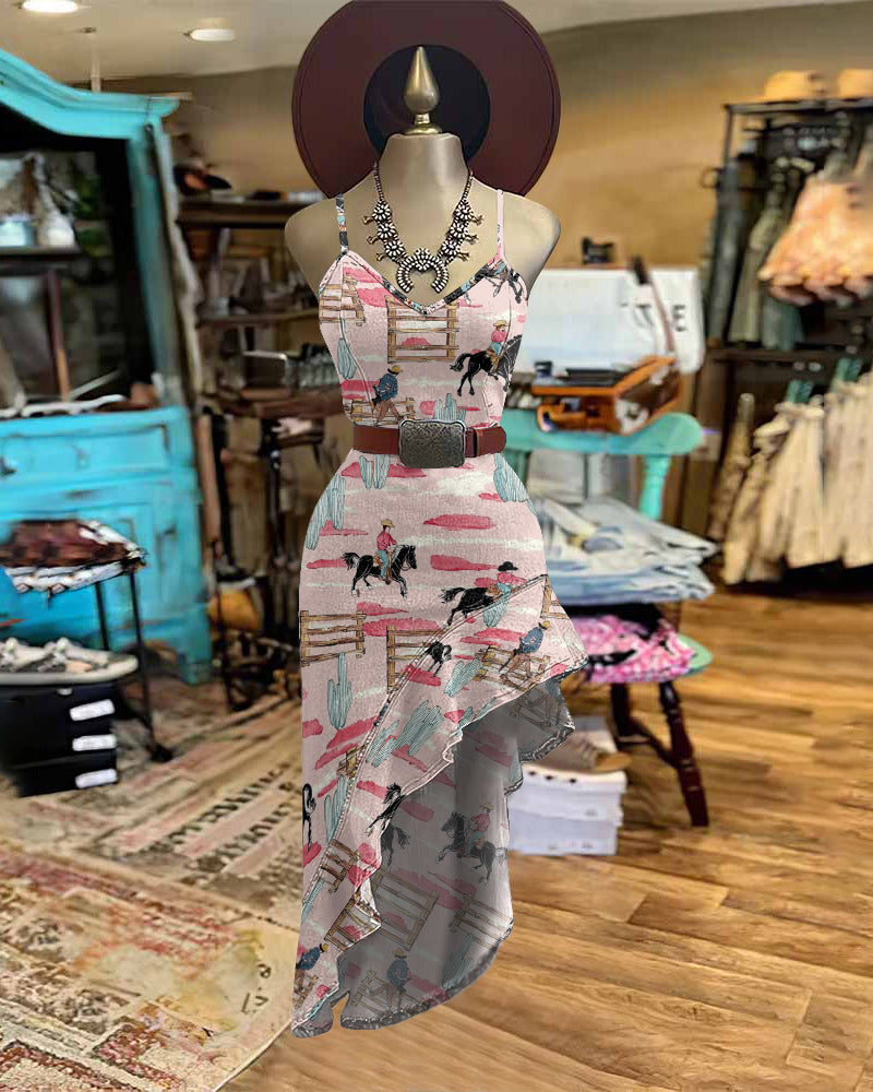 Cowgirl Prints Irregular Ruffle Hem Slim Cami Dress