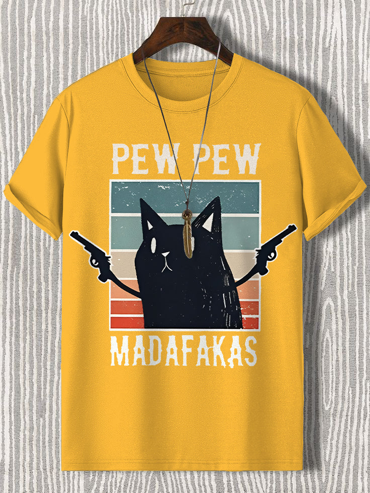 100% Cotton Pew Pew Madafakas Funny Cat Print Casual T-Shirt