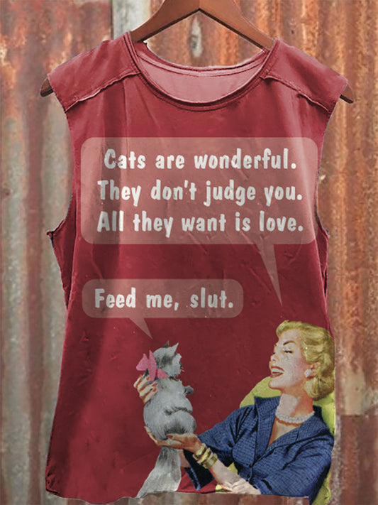 Cats Are Wonderful Print 100% Cotton Casual Tank Top