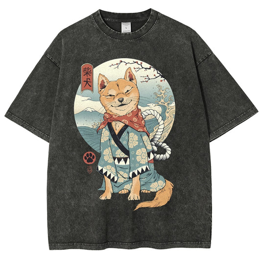 Smiling Shiba Inu Washed Vintage Short Sleeves T-Shirt