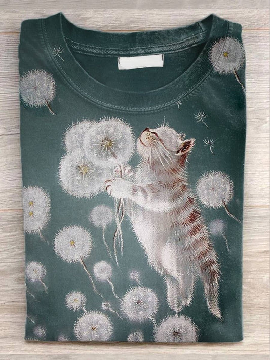 Unisex Funny Cat Illustration Printed Casual Round Neck T-Shirt