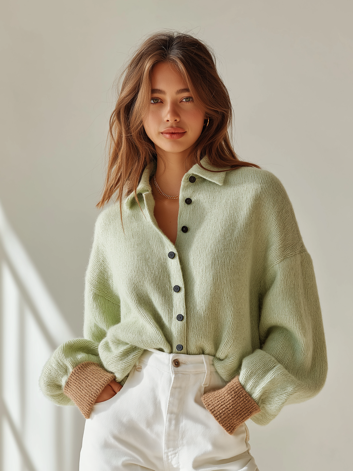 Taidalw Chic Vintage Light Green Polo Collar Single-breasted Long Sleeve Contrast Trim Details Oversized Knit Cardigan