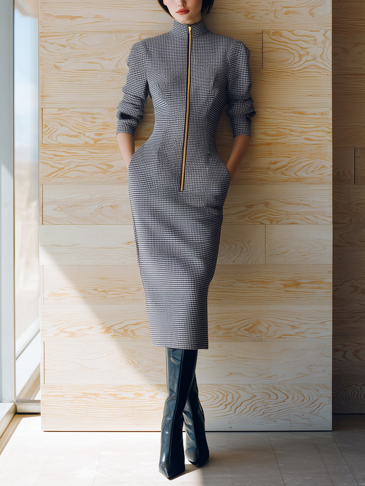 Taidalw Chic Casual Gray Houndstooth Wool Blend Stand Collar Zipper-Front Puff Sleeve Slim-Fit Midi Dress