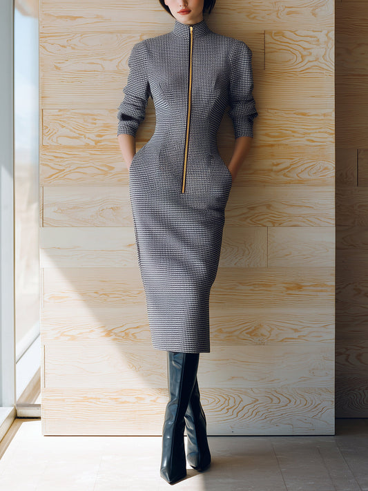 Taidalw Chic Casual Gray Houndstooth Wool Blend Stand Collar Zipper-Front Puff Sleeve Slim-Fit Midi Dress