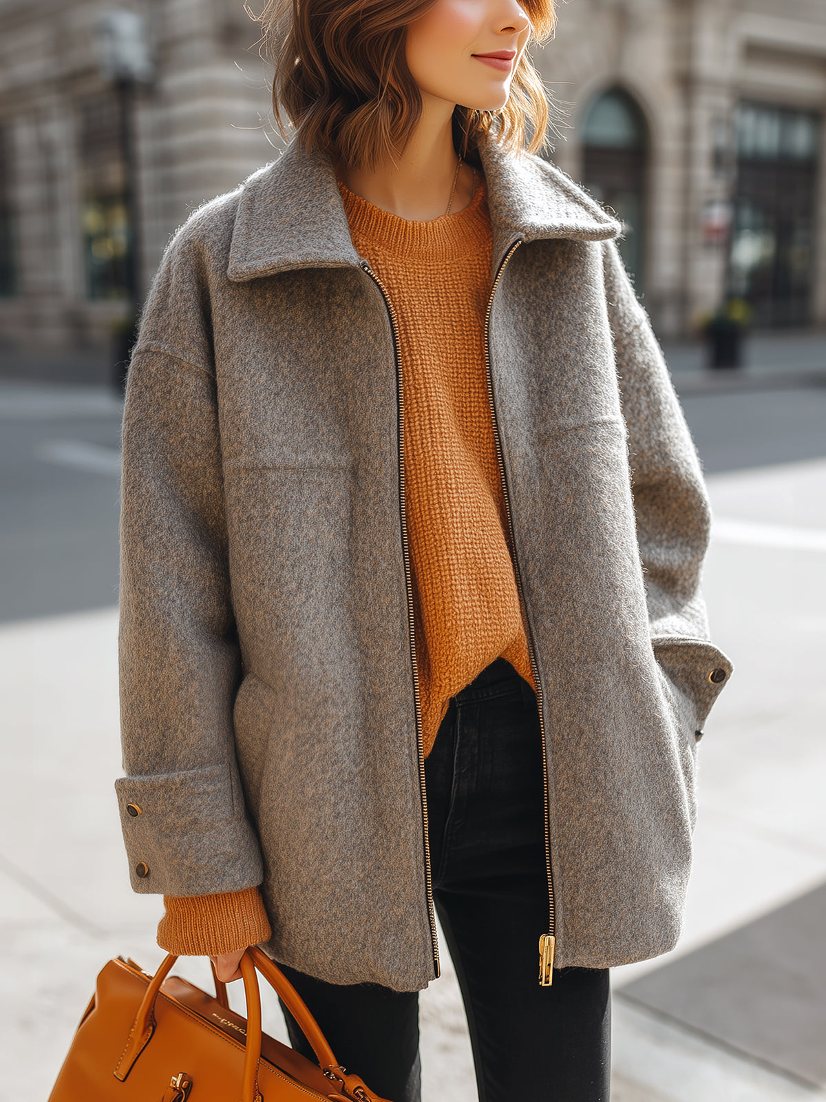 Taidalw Casual Chic Gray Wool Blend Lapel Zip-Front Oversized Warm Coat