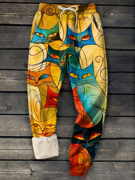 Men's Abstrct Cat Art Print Casual Winter Fleece Comfy Pants