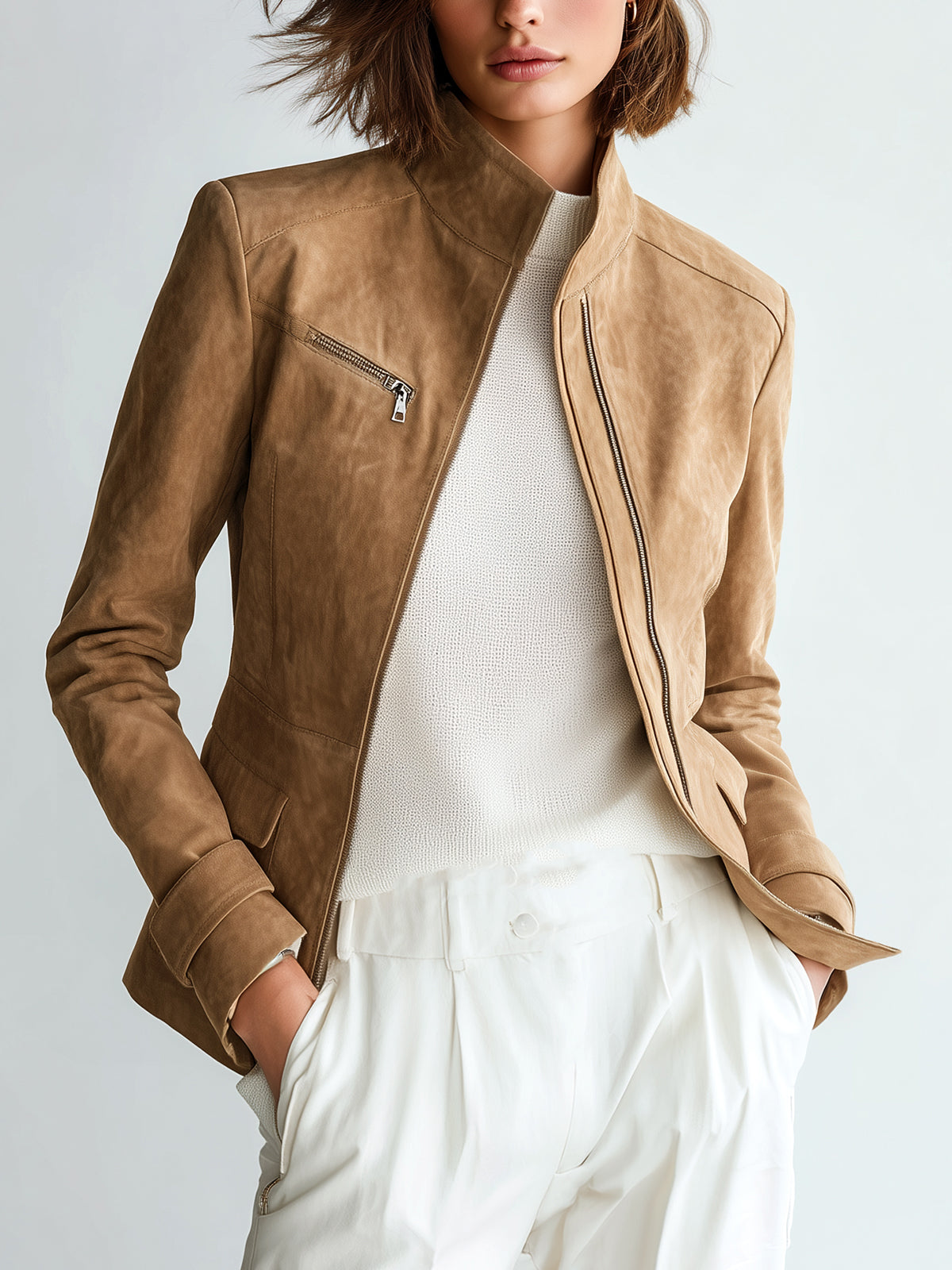 Taidalw Chic Casual Camel Faux Suede Stand Collar Zipper-Front Slim-Fit Jacket