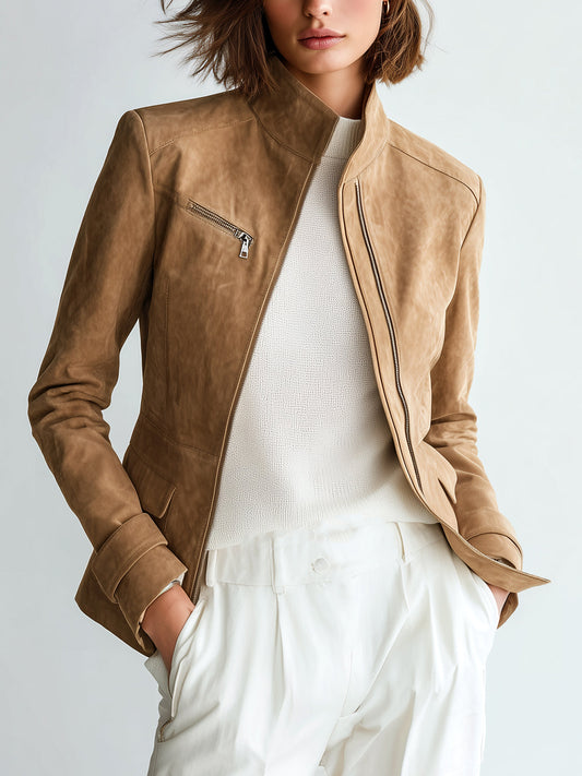 Taidalw Chic Casual Camel Faux Suede Stand Collar Zipper-Front Slim-Fit Jacket
