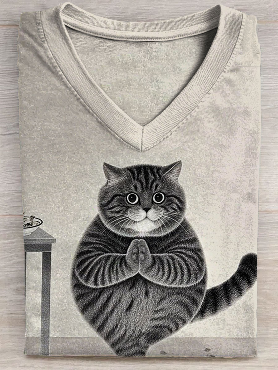 Women's Cute Fat Yoga Cat Art Print V-neck Casual T-Shirt