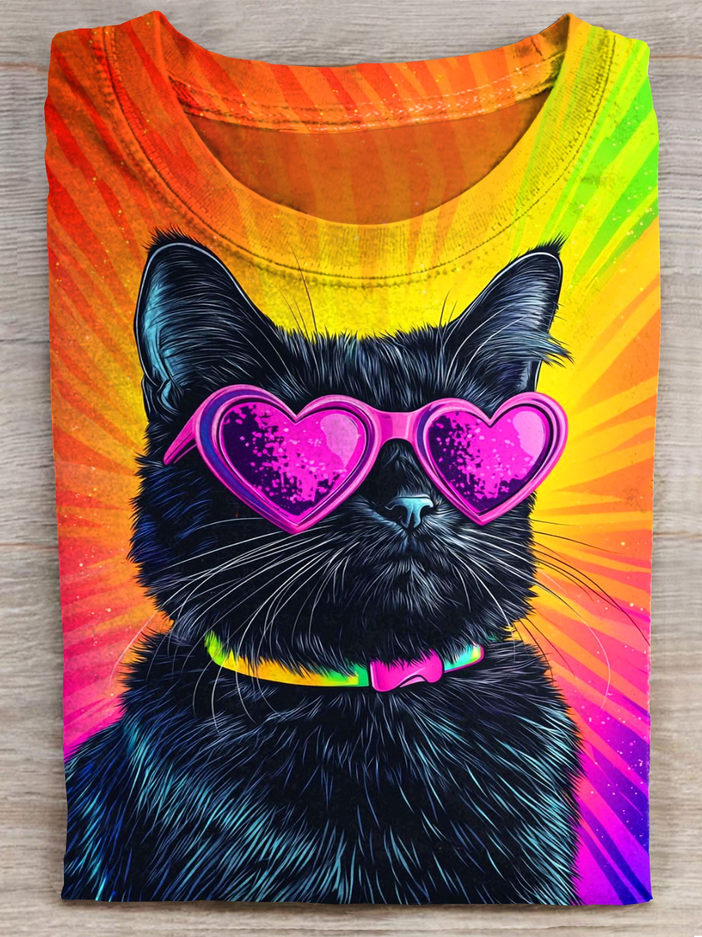 Black Cat With Pink Heart SunGlasses Funny Art Print Casaul T-shirt