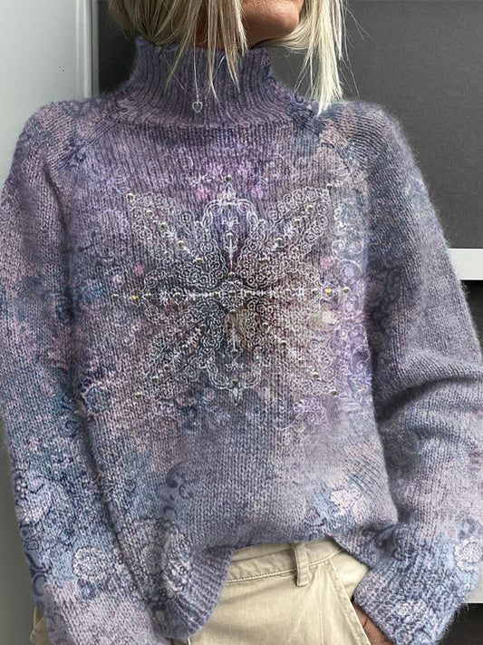 Vintage Gradient Pattern Print Knit Turtleneck Pullover Sweater