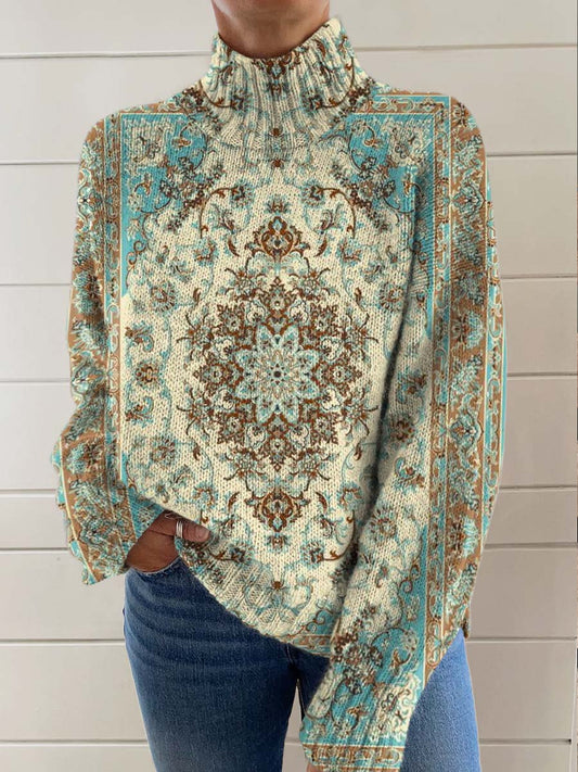 Women's Vintage Lovely Floral Art Print Knit Turtleneck Pullover Sweater