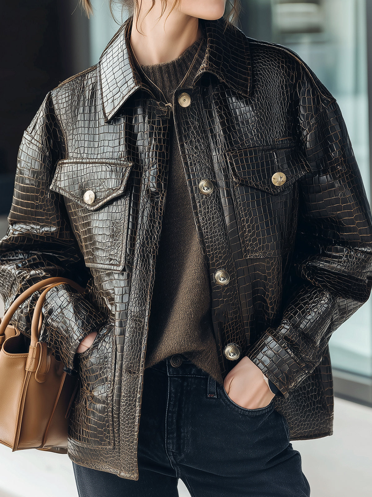 Taidalw Casual Dark Brown Crocodile Embossed Faux Leather Lapel Single-Breasted Utility Pocket Jacket