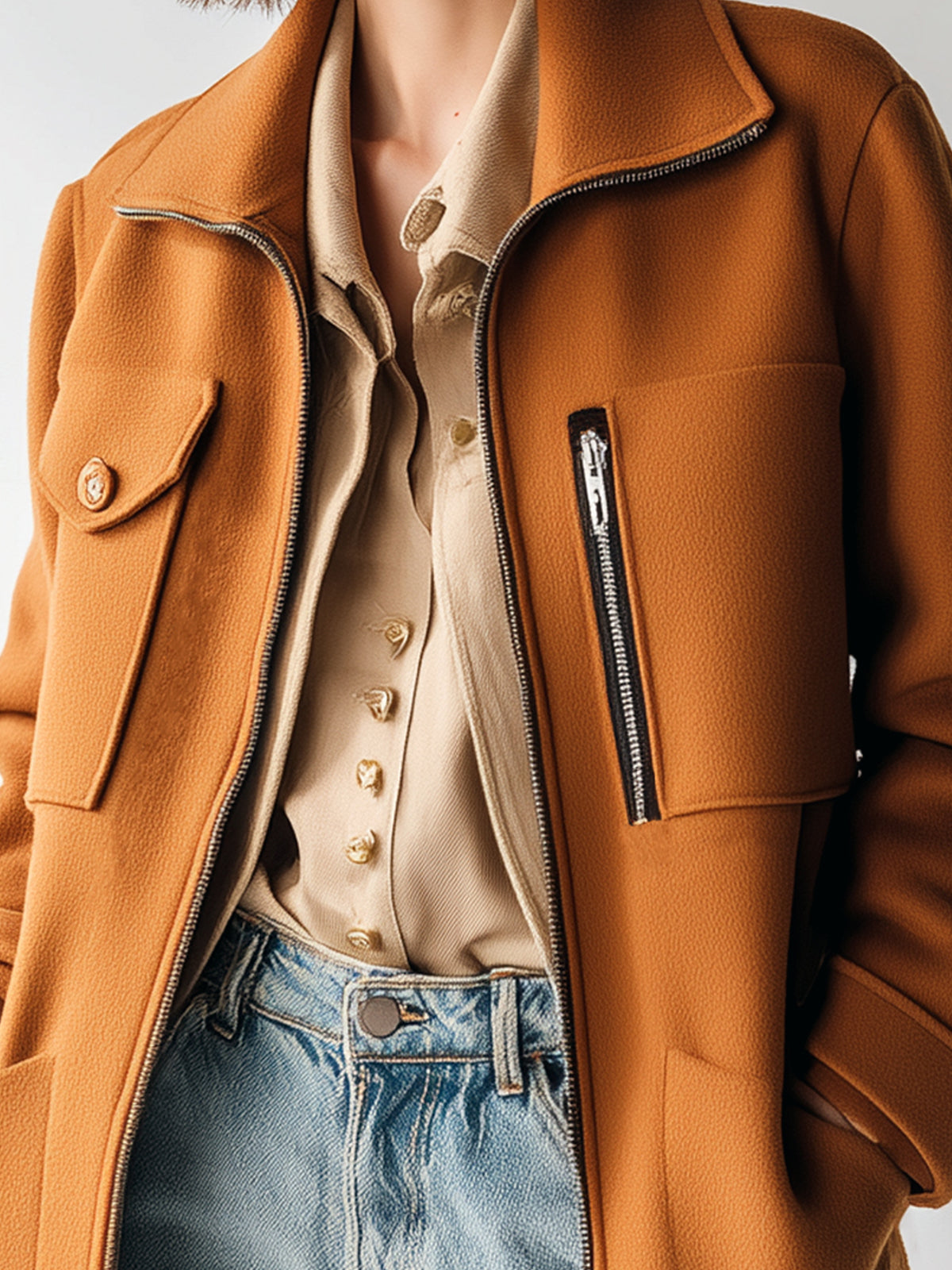 Taidalw Chic Caramel Collared Zip-Up Multi-Pocket Mid-Length Sophisticated Statement Coat