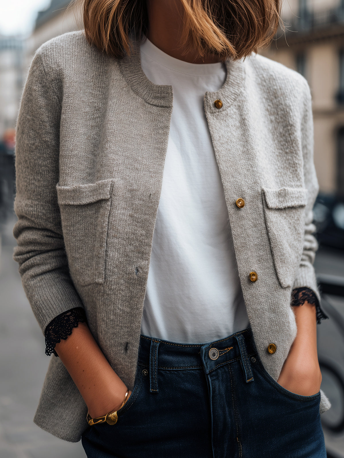 Taidalw Chic Elegant Light Gray Crew Neck Gold Button Double Pocket Lace Cuff Cropped Knit Cardigan