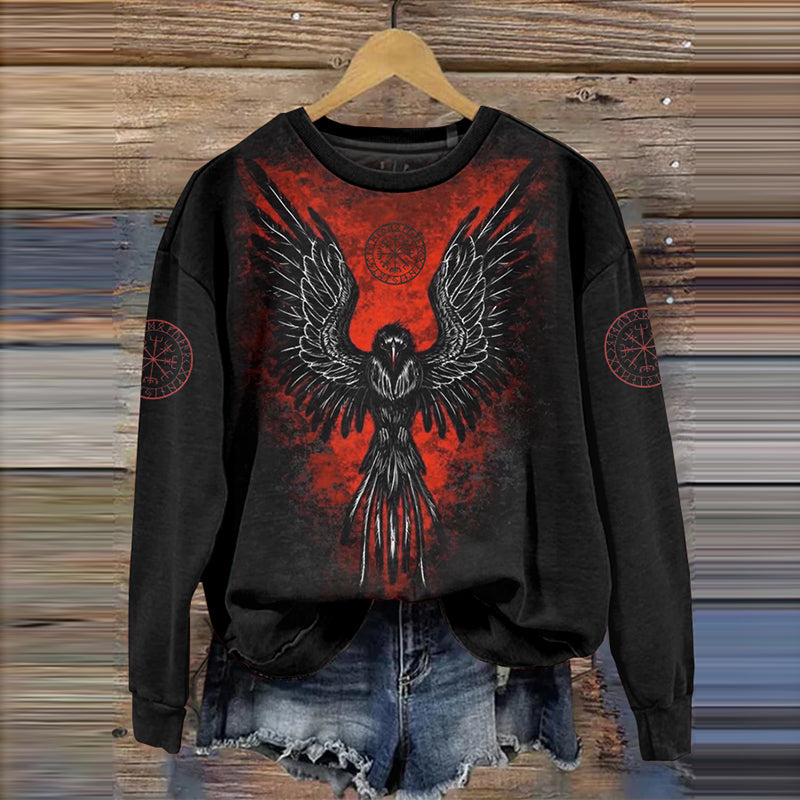 Women'S Vintage Flaming Raven And Vegvisir Viking Sweatshirt