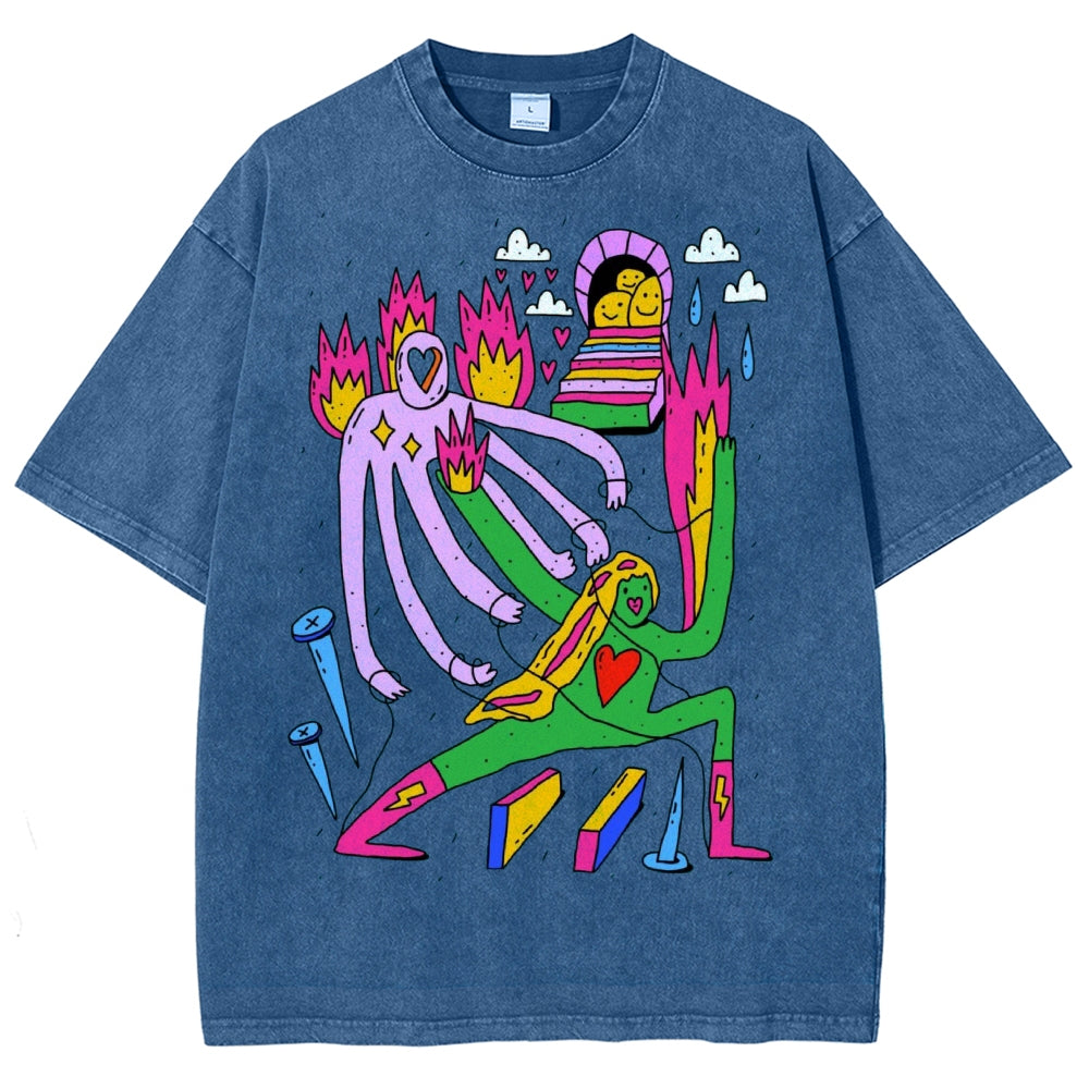 Unisex Art Abstract People Printed Washed Tee