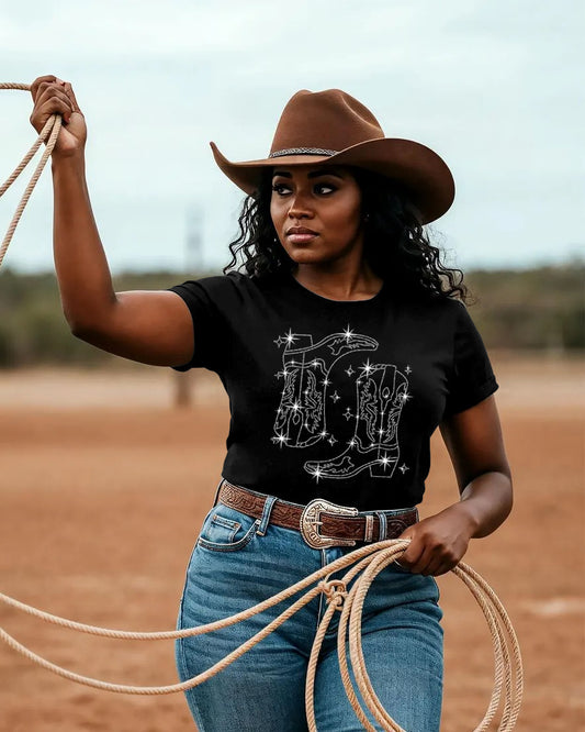 Western crystal Cowgirl Boots Cotton Crew Neck Short Sleeve Tshirt