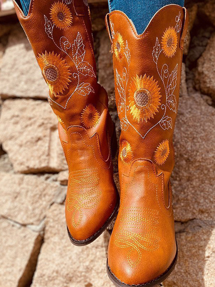 Retro Ethnic Style Sunflower Pattern Boots