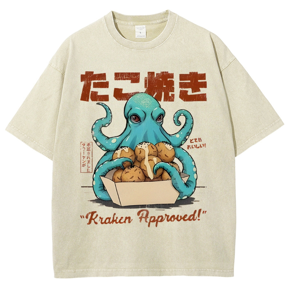 Unisex Japanese Octopus Printed Washed Tee