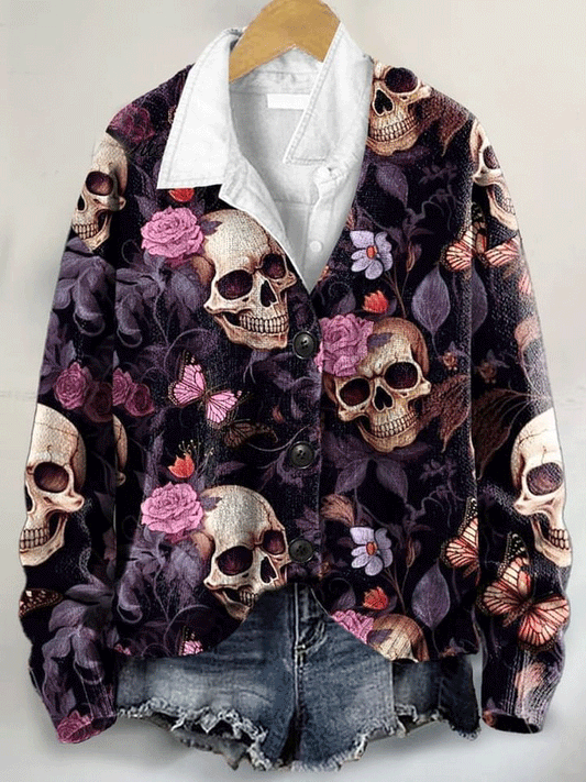 Halloween Skeleton Art Print Buttoned V-neck Cardigan Sweater