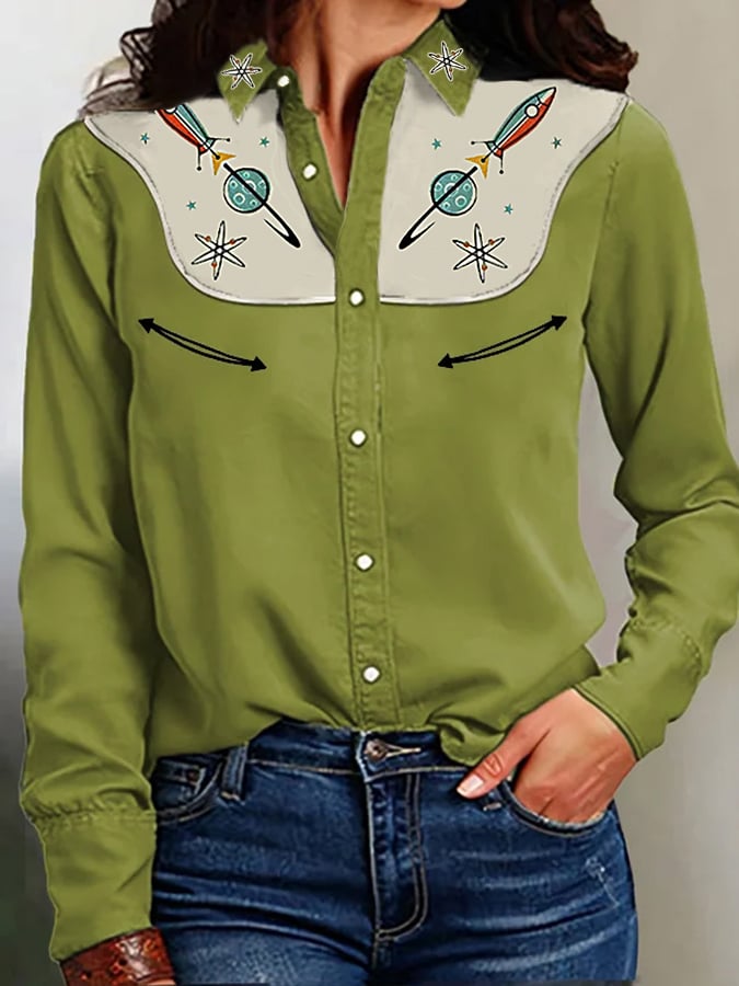 Women's Retro Western 1950s Interstellar Atomic Print Casual Shirt