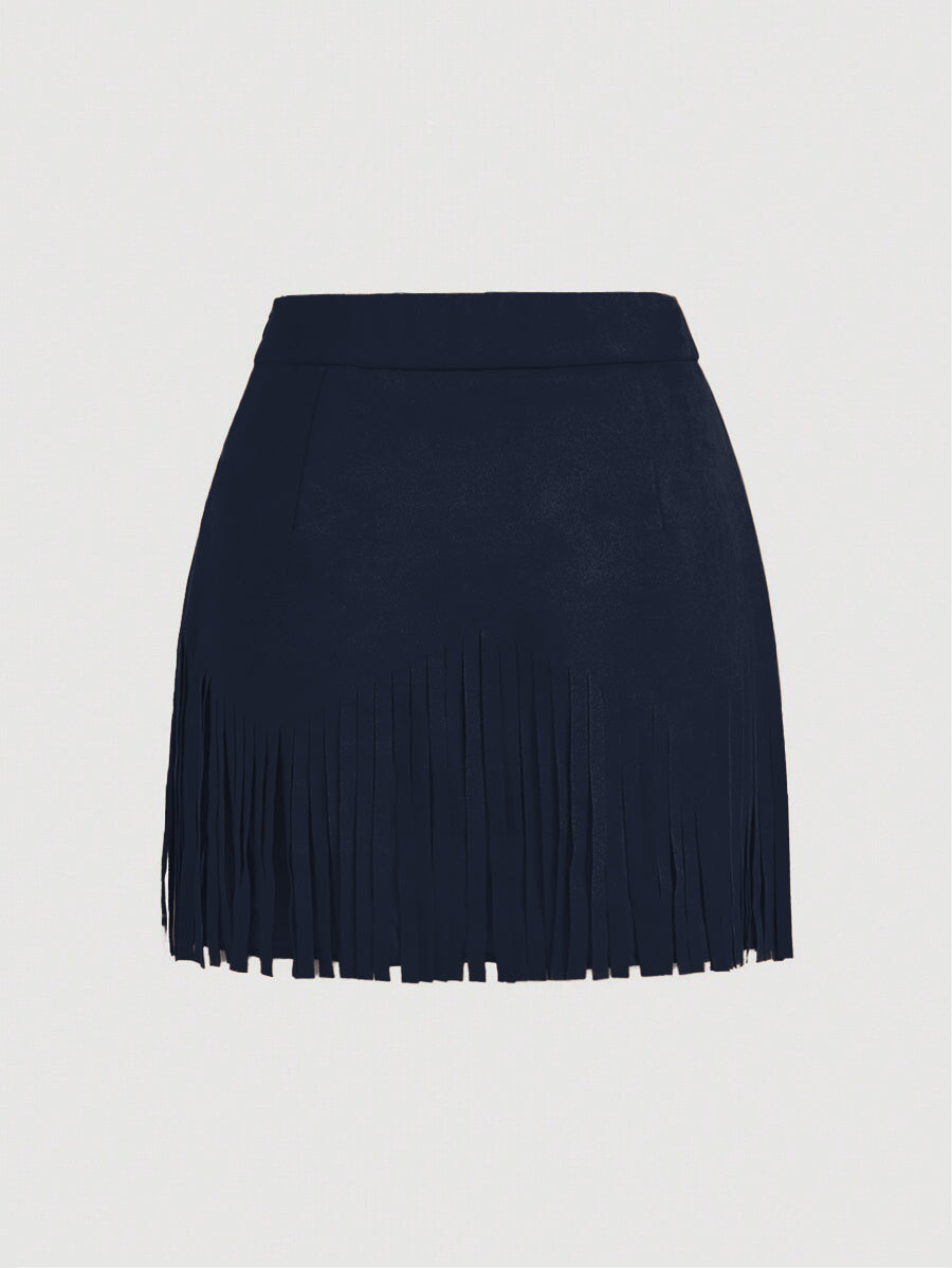 Women's Vintage Hippie Rivet Fringe Brown Suede A-Line Skirt