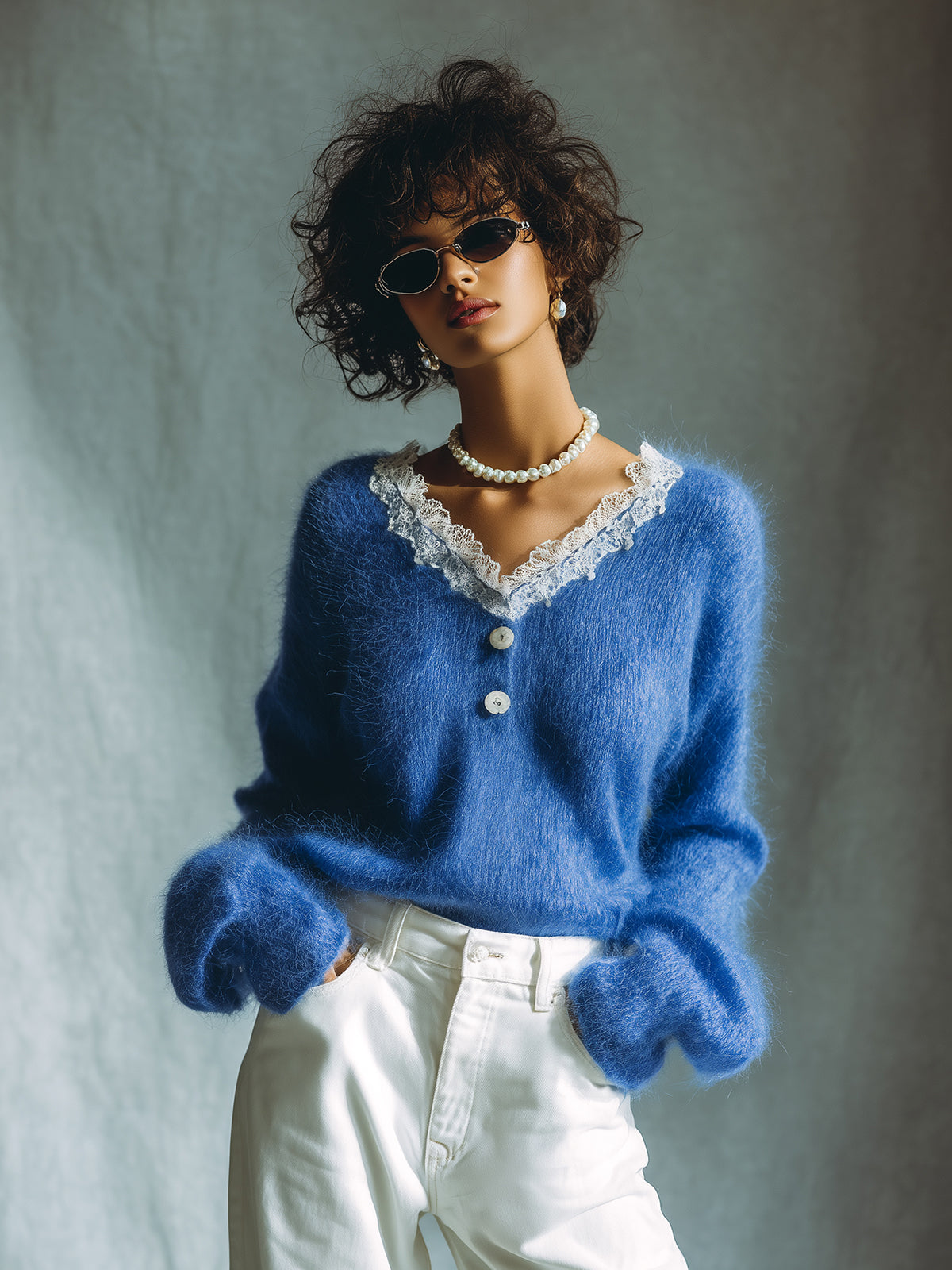 Taidalw Chic Vintage Royal Blue V-Neck Contrast Lace Trim Detail Button-Front Long Sleeve Loose-Fit Knit Sweater Top