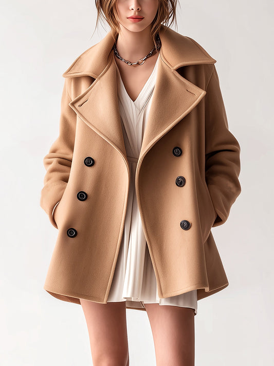 Taidalw Chic Vintage Camel Wool Blend Lapel Double-Breasted Belted Oversized Peacoat