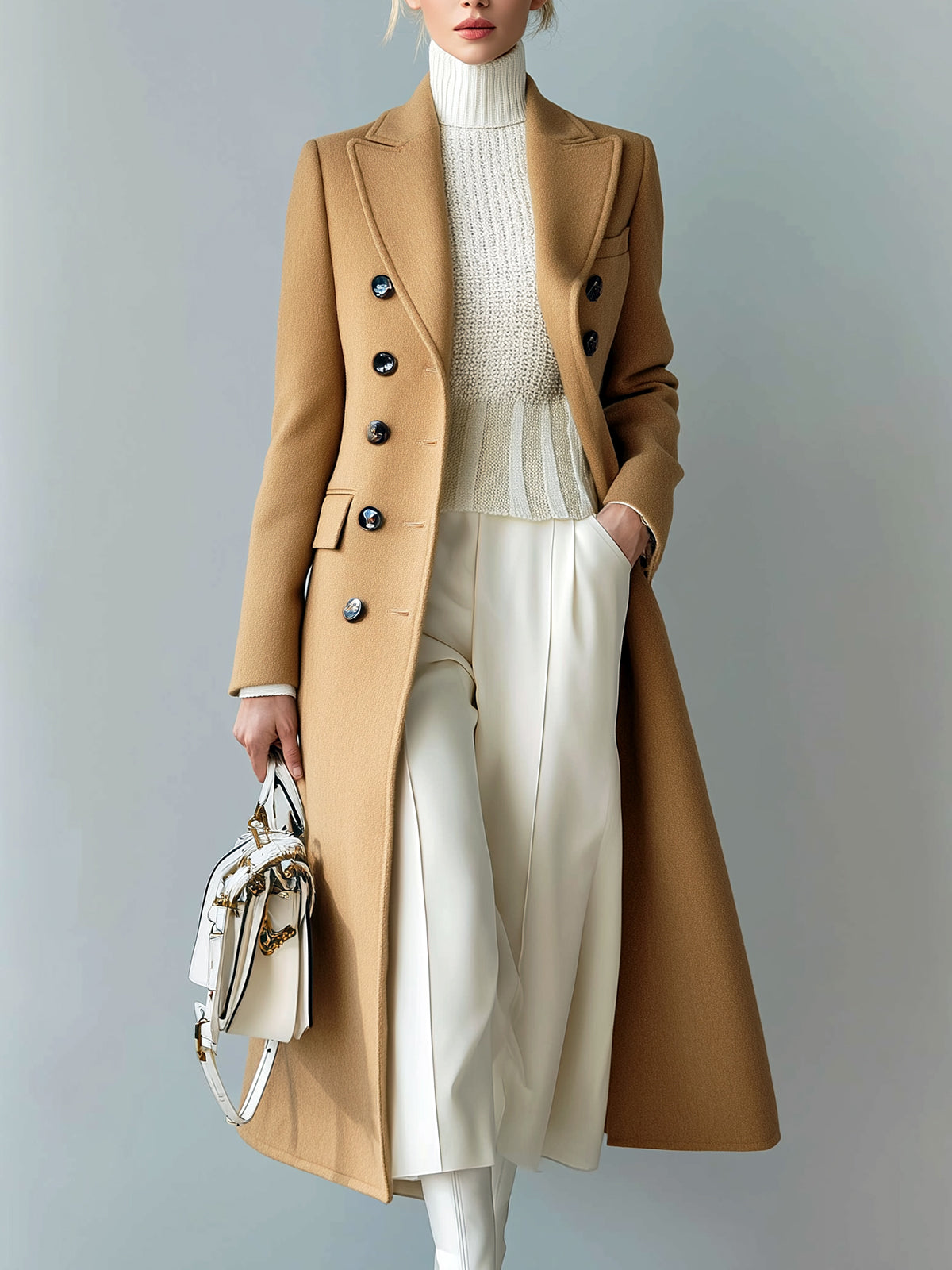 Taidalw Chic Casual Solid Color Wool Blend Peaked Lapel Double-Breasted Tailored Warm Long Coat