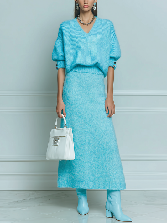 Taidalw Chic Vintage Blue V-Neck Oversized Short Sleeve Button Sweater Elastic Waist A-Line Skirt Knit Two-piece Set