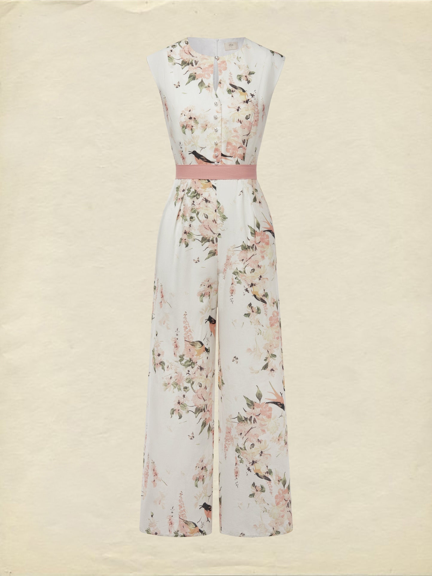 Linen Jumpsuit , Sleeveless, Round Neck, Floral, Button Design, Vacation, Vintage, White