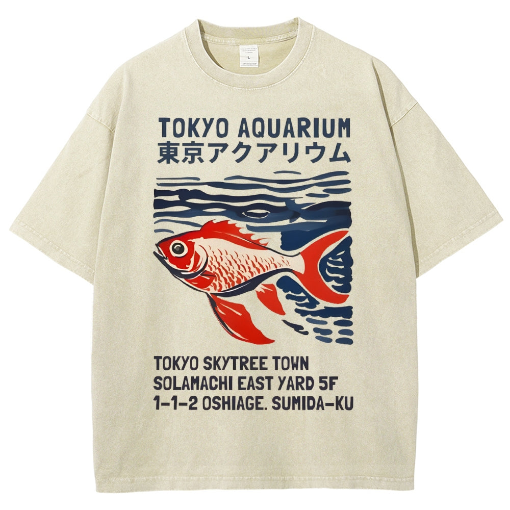 Unisex Japanese Style Fish Printed Washed Tee