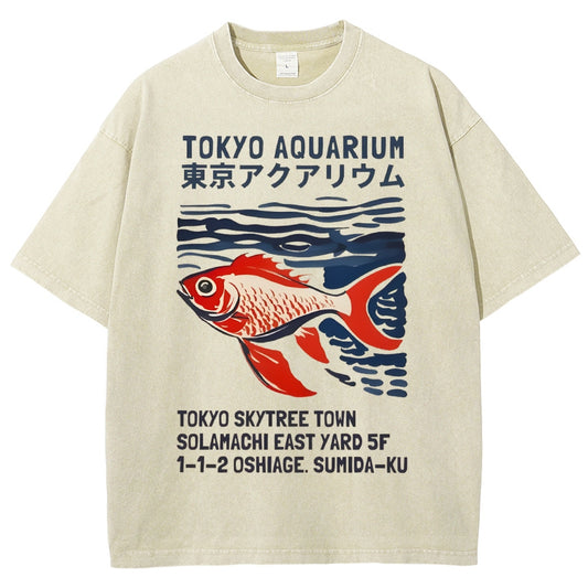 Unisex Japanese Style Fish Printed Washed Tee